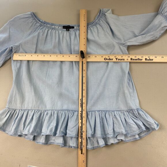 Sanctuary Top Womens XS Chambray Denim Ruffled Boho Bell Sleeve Feminine Blue - Picture 6 of 10